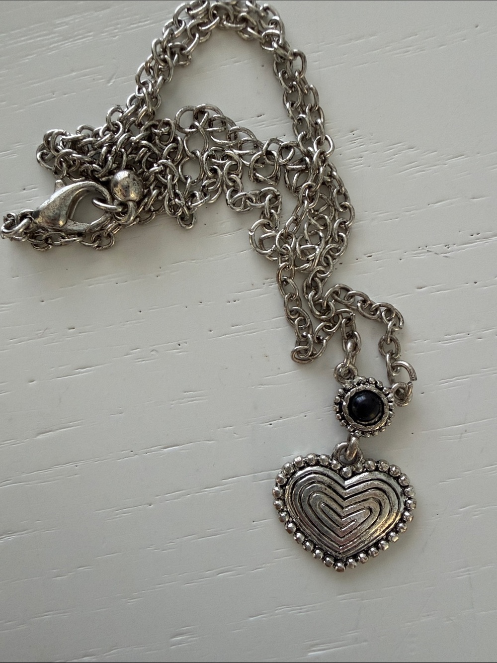 Silver Heart Pendant Necklace with Black Stone